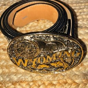 Justin Boots Gold and Black Wyoming Belt and Montana Silversmith buckle